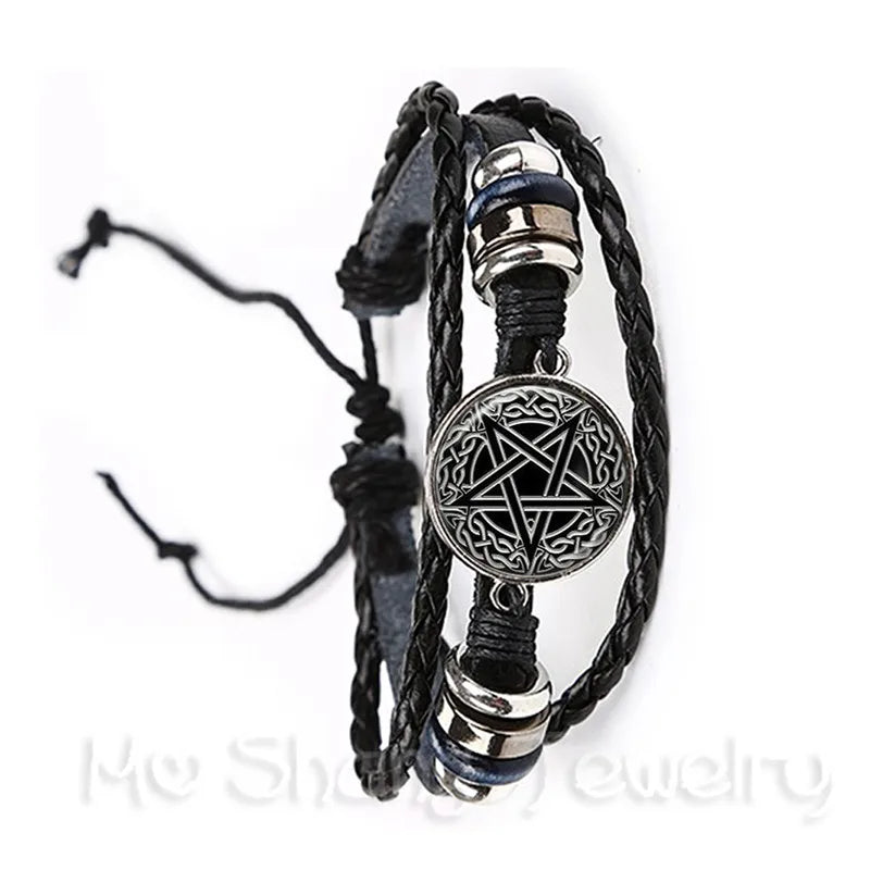 Satanic Baphomet Pentagram Bracelet Gothic Black/Brown Leather Bangle Satanism Evil Occult Pentacle Jewelry Pagan Charm Gift