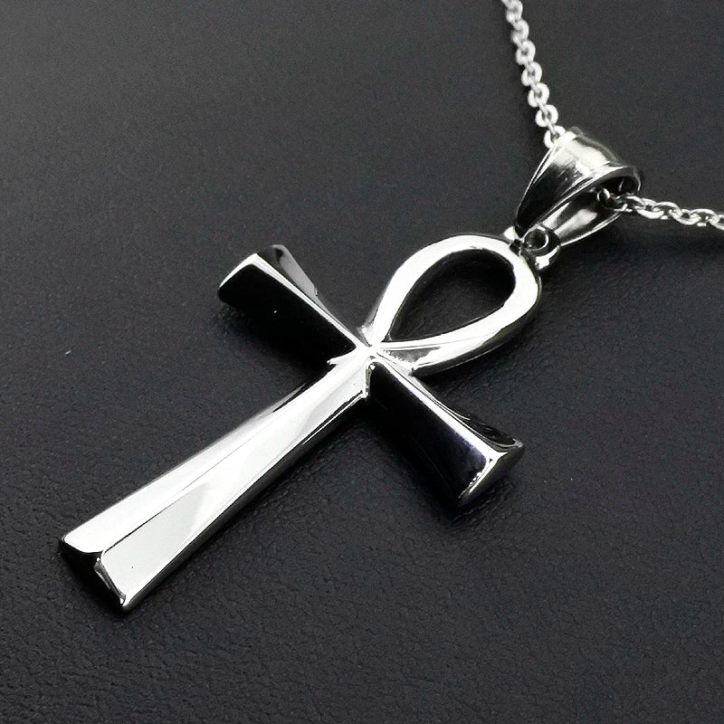 AMUMIU Ägyptische Ankh-Kreuz-Halskette für Frauen und Männer, Schmuck aus Edelstahl, Gebetsketten und Anhänger, HZP212