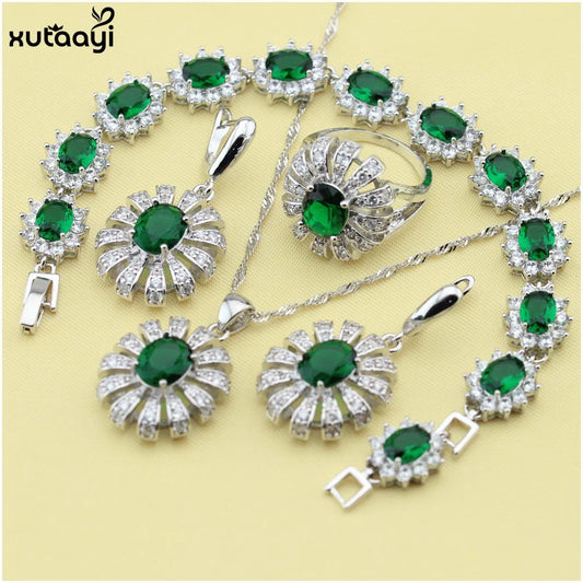 XUTAAYI  Silver Jewelry Sets Green Imitated Emerald Shining Flowers Necklace/Bracelet/Earrings/Ring Wedding Jewelry For women