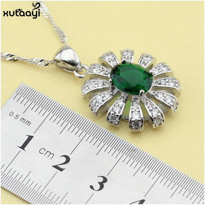 XUTAAYI  Silver Jewelry Sets Green Imitated Emerald Shining Flowers Necklace/Bracelet/Earrings/Ring Wedding Jewelry For women