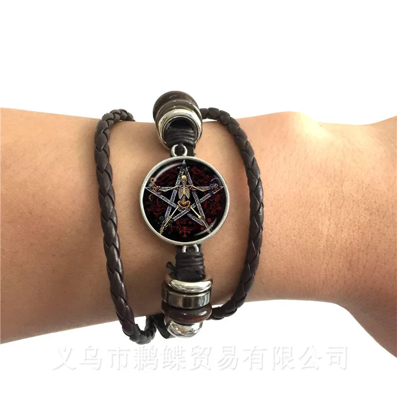 Satanisches Baphomet Pentagramm Armband Gothic Schwarz/Braun Leder Armreif Satanismus Böser okkulter Pentagramm Schmuck Pagan Charm Geschenk