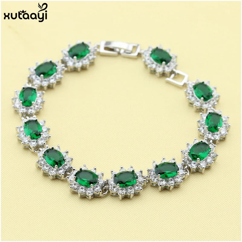 XUTAAYI  Silver Jewelry Sets Green Imitated Emerald Shining Flowers Necklace/Bracelet/Earrings/Ring Wedding Jewelry For women