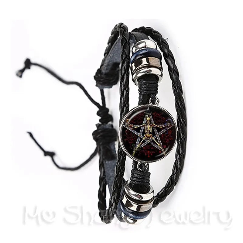 Satanic Baphomet Pentagram Bracelet Gothic Black/Brown Leather Bangle Satanism Evil Occult Pentacle Jewelry Pagan Charm Gift