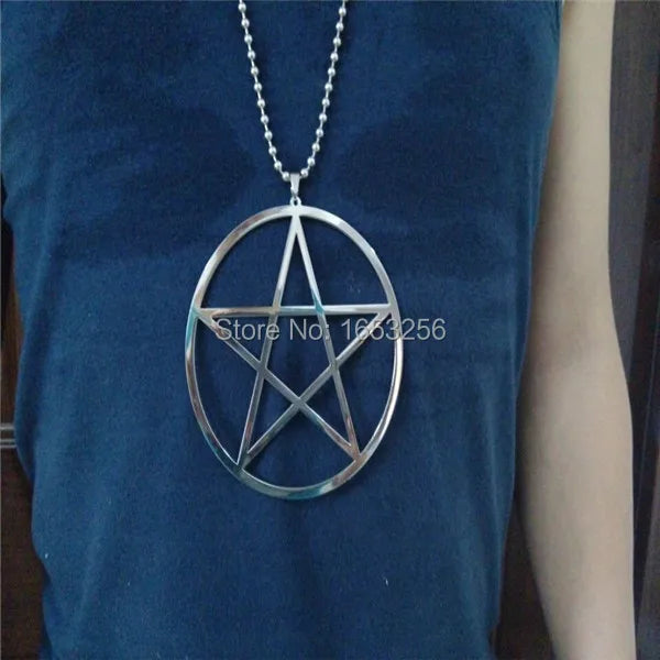 Modische große 4-Zoll-Halskette mit Pentagramm und Kreis aus Edelstahl mit 32-Zoll-Kette, UNISEX, Wicca, Pagan