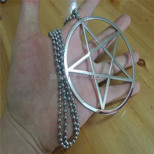 Modische große 4-Zoll-Halskette mit Pentagramm und Kreis aus Edelstahl mit 32-Zoll-Kette, UNISEX, Wicca, Pagan