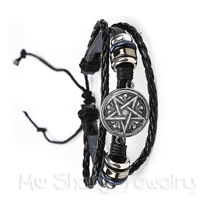 Satanic Baphomet Pentagram Bracelet Gothic Black/Brown Leather Bangle Satanism Evil Occult Pentacle Jewelry Pagan Charm Gift