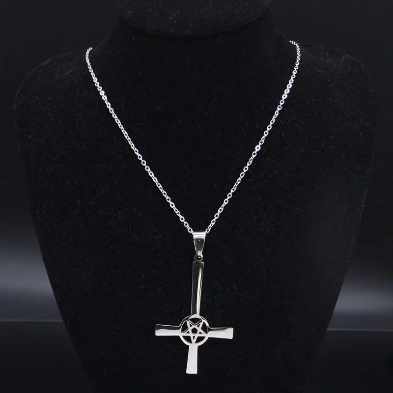 Inverted Cross Occult Pentagram Necklace Upside Down Cross Gothic Satan Necklaces Lucifer Satan Jewelry cruz invertida N642S03