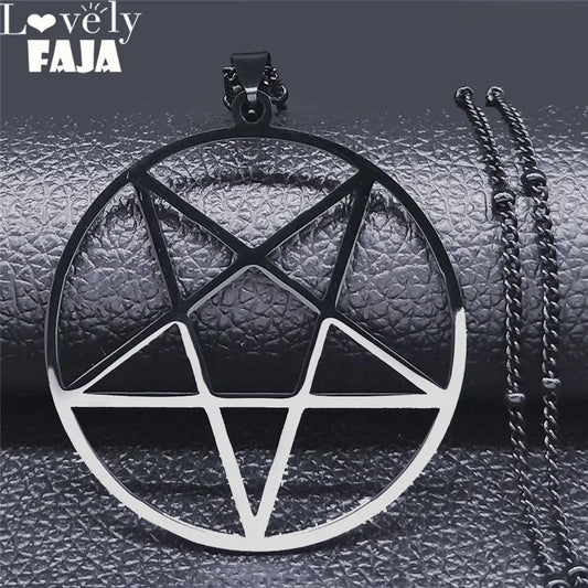 Fashion Witchcraft Satan Pentagram Stainless Steel Chain Necklace Women Black Color Charm Big Necklace Jewelry N3672S03