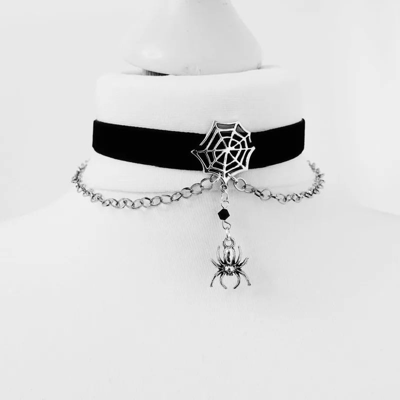 Punk Schwarz Samt Spinnennetz Halsband Gruselig Hängende Spinnenkette Halskette Webs Halloween Gothic Schmuck Kreativität Frauen Geschenk