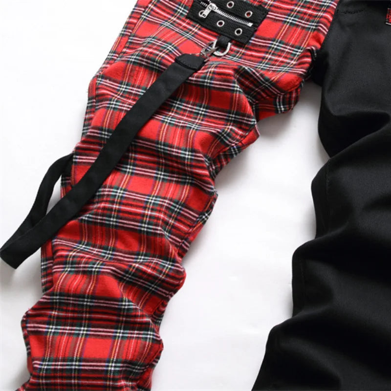 New Fashion Red Plaid Patchwork Punk Zipper Men Pencil Jeans Trousers Y2K Buckle Hip Hop Gothic Slim Denim Pants Pantaloni Uomo