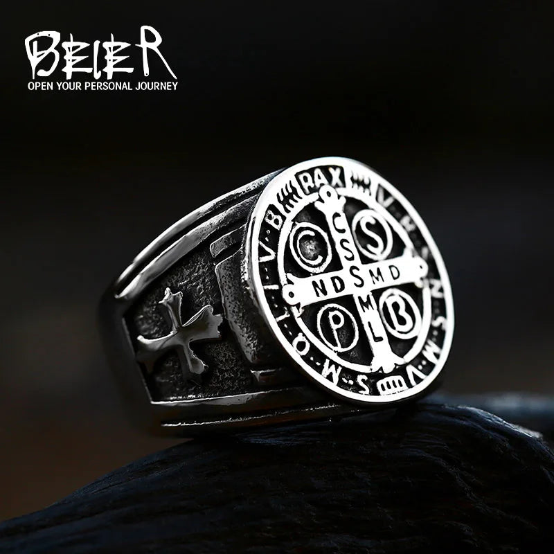 BEIER Mode Vintage Feste helle oberfläche Kreuz exorzismus auftrag Kreuz ring edelstahl religion schmuck für mann BR8-623-N