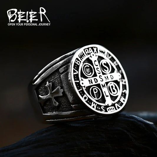 BEIER Fashion Vintage Solid bright surface Cross exorcism order Cross ring stainless steel religion jewelry for man BR8-623-N