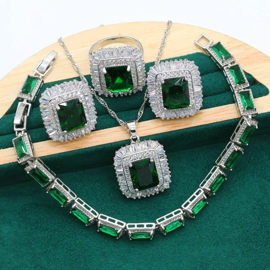 Classic Emerald Zircon Silver Color Jewelry Set for Women Wedding Bracelet Earrings Necklace Pendant Ring Christmas Gift Dubai