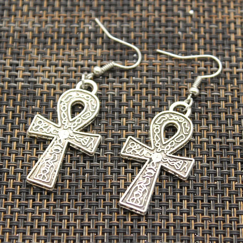 hroryn New Fashion Handmade Cross Egyptian Ankh Life Symbol Flower Cross Pendants Silver Color Earrings For Womens Style