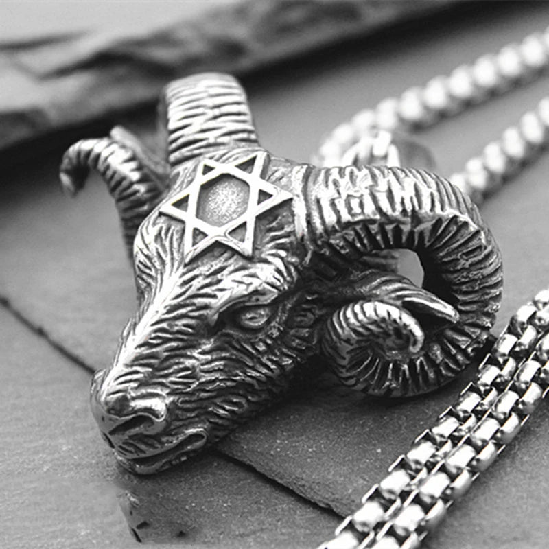 Men's New Fashion 316L Stainless Steel Hexagonal Star Satan Ram Bull Head Pendant Necklace Retro Personality Jewelry Gift Collar