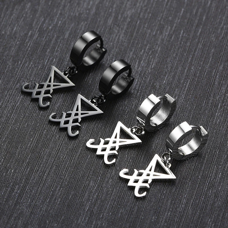 Earrings Sigil Of Lucifer Satanic Symbol Seal Of Satan in Black Stainless Steel Demon Side Of Lucifer Satanic Earing Jewelry