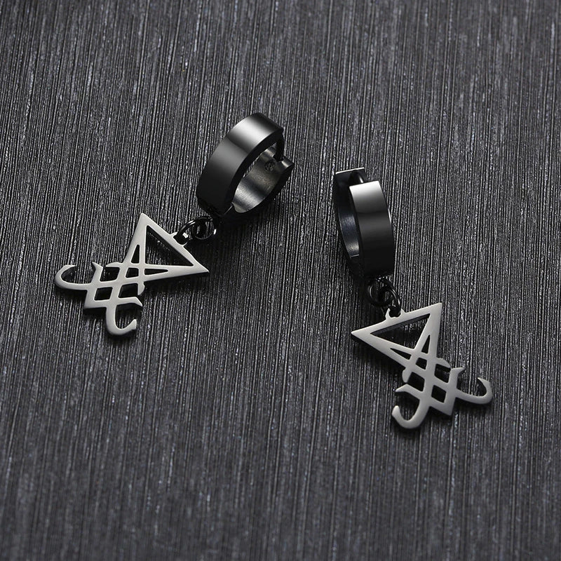 Earrings Sigil Of Lucifer Satanic Symbol Seal Of Satan in Black Stainless Steel Demon Side Of Lucifer Satanic Earing Jewelry