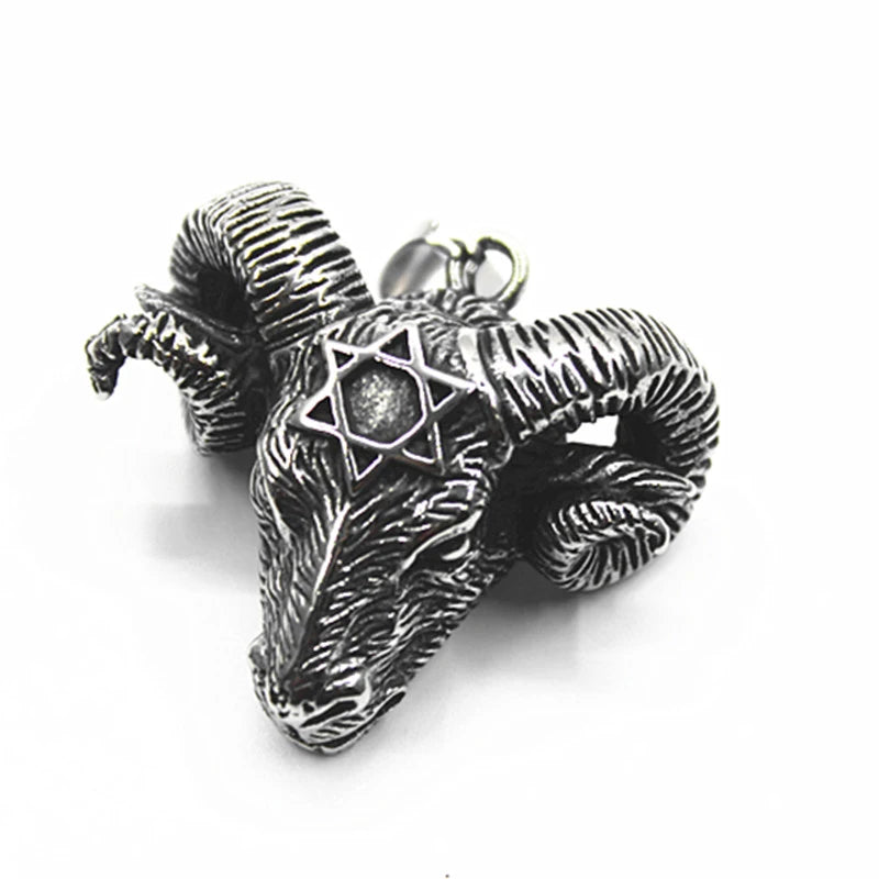 Men's New Fashion 316L Stainless Steel Hexagonal Star Satan Ram Bull Head Pendant Necklace Retro Personality Jewelry Gift Collar