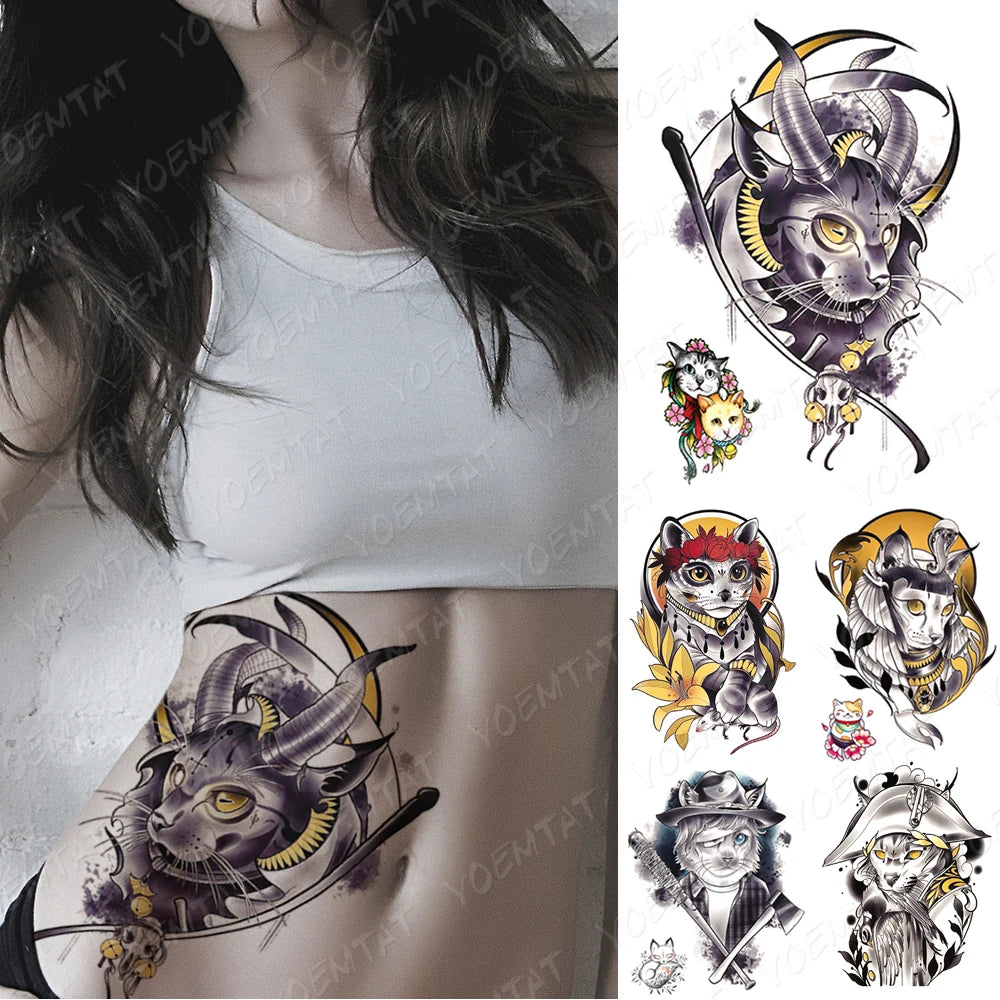 Waterproof Temporary Tattoo Sticker Demon Satan Cat Goat Flash Tattoos Pharaoh Old School Body Art Arm Fake Tatto Women Men