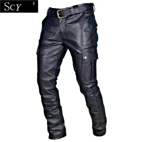 Men's Leather Motorcycle Pants with Cargo Pockets, Black, Leather Motorcycle Pants  No Belt