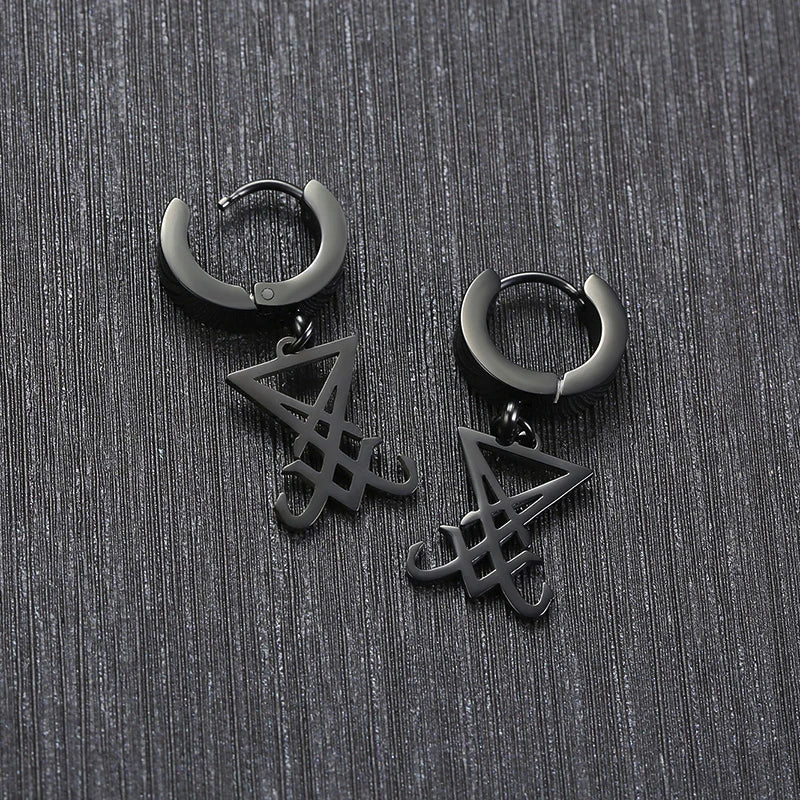 Earrings Sigil Of Lucifer Satanic Symbol Seal Of Satan in Black Stainless Steel Demon Side Of Lucifer Satanic Earing Jewelry