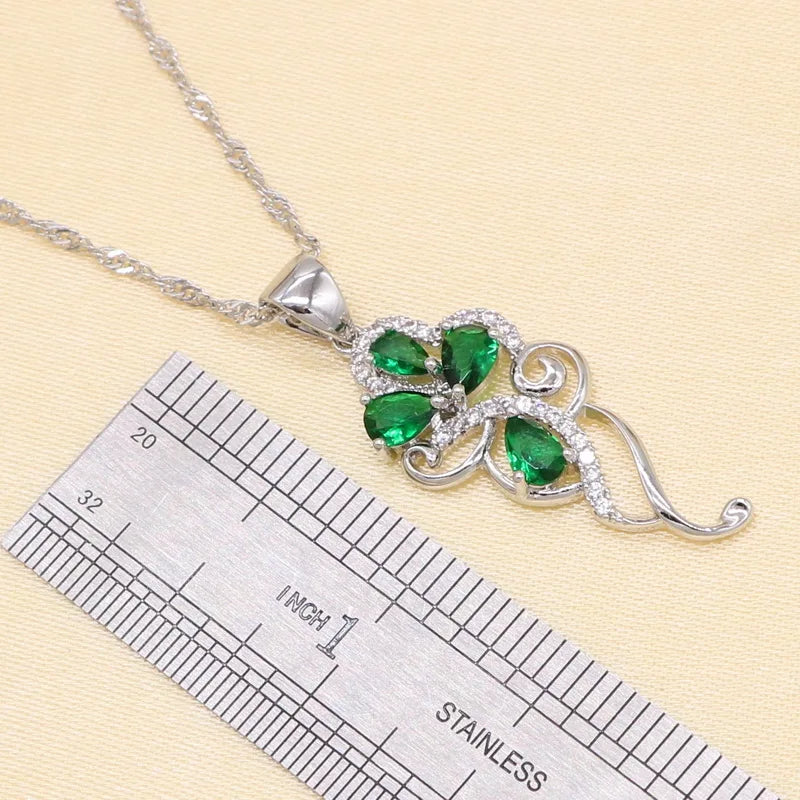 Set di gioielli in argento sterling 925 con pietre verdi e zirconi cubici per donne, orecchini/ciondoli/collane/anelli/braccialetti