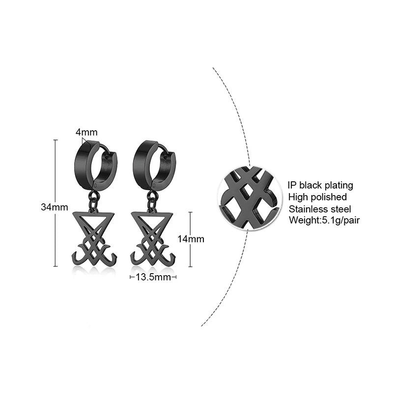 Ohrringe Sigil Of Lucifer Satanisches Symbol Siegel des Satans aus schwarzem Edelstahl Dämonische Seite von Lucifer Satanischer Ohrschmuck