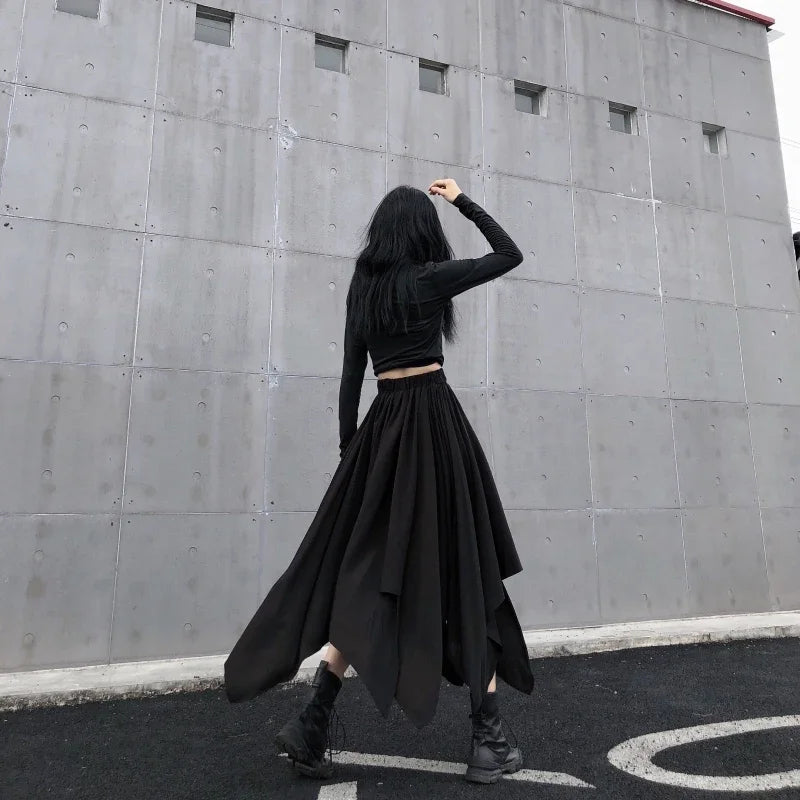 Dark Black Irregular High Waist Skirt Goth Punk Gothic Black Harajuku Long Vintage Skirt korean fashion clothing