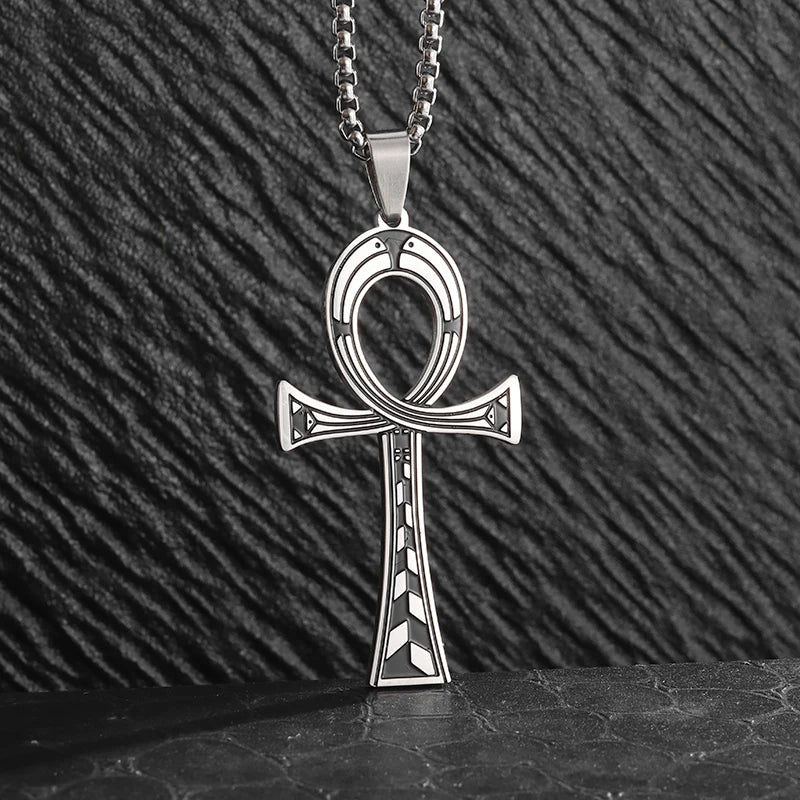 Stainless Steel Ancient Egyptian Cross Life Key Necklace Retro Amulet Pharaoh Patron Saint Jewelry Men