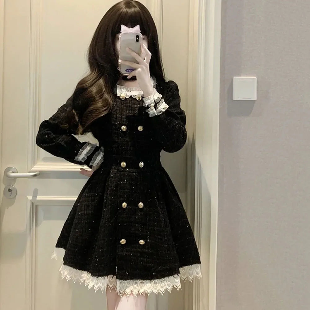 2023 Autumn Vintage Tweed Dress Party Women Elegant Gothic Lolita Kawaii Clothing One Piece