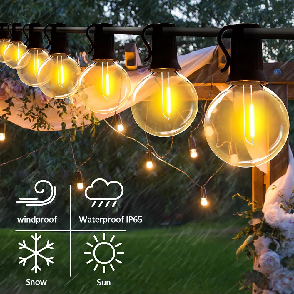 Luci solari a corda per esterni G40, luci da patio, caricabatterie USB, 8 modalità di illuminazione, lampadine infrangibili, luci sospese resistenti alle intemperie