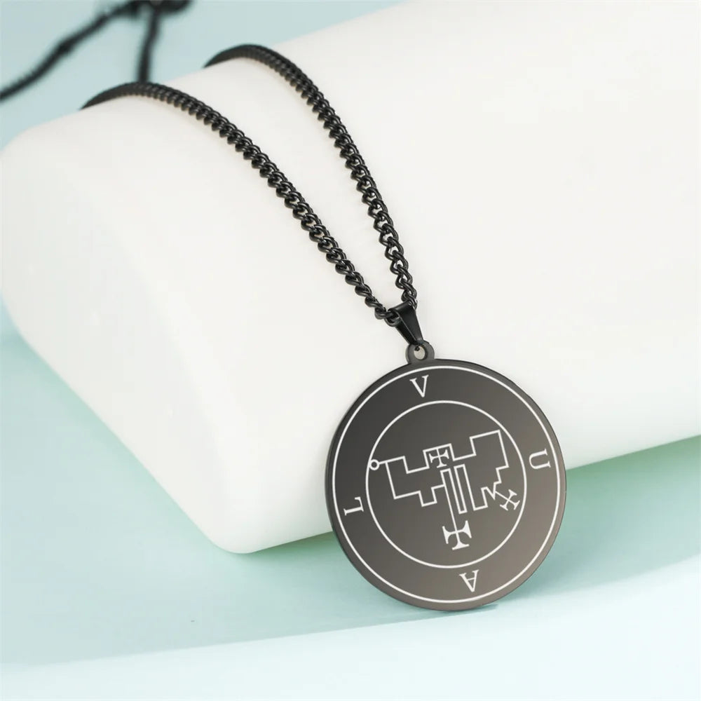 EUEAVAN Demon Satan Origins Seal Pendant Necklaces Stainless Steel Black King Asmoday Sigil Solomon Necklace Luck Amulet Jewelry