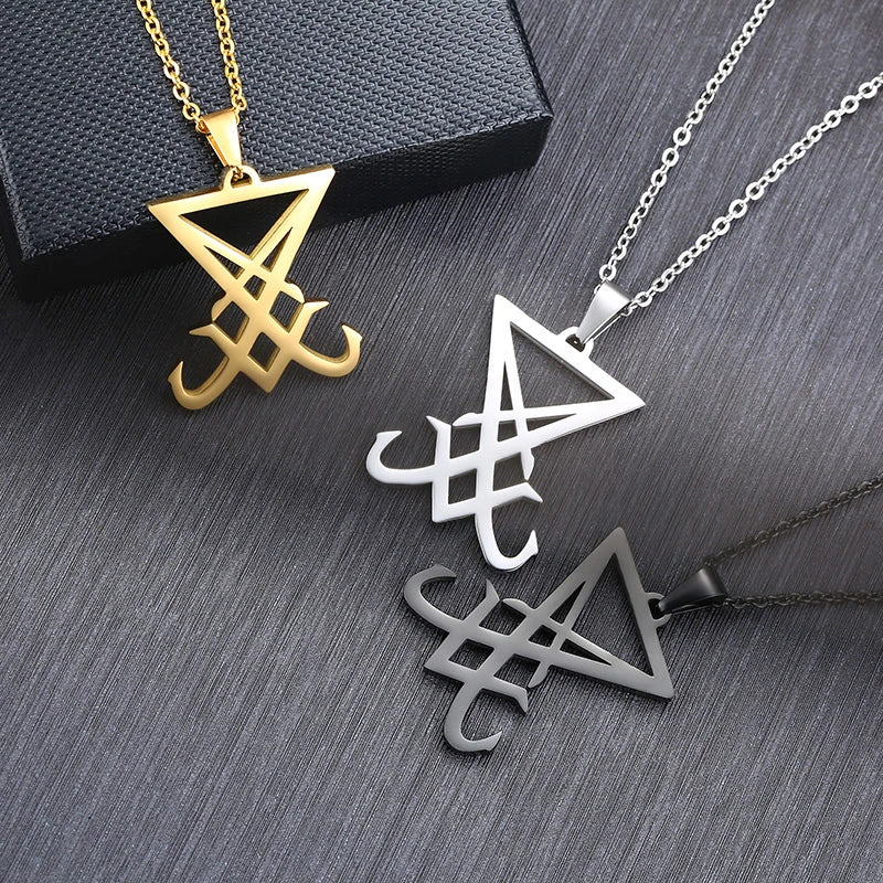 silver color Sigil Of Lucifer Pendant Satanic Symbol Stainless Steel Men Necklace Seal Of Satan Necklace Emblem Amulet Jewelry