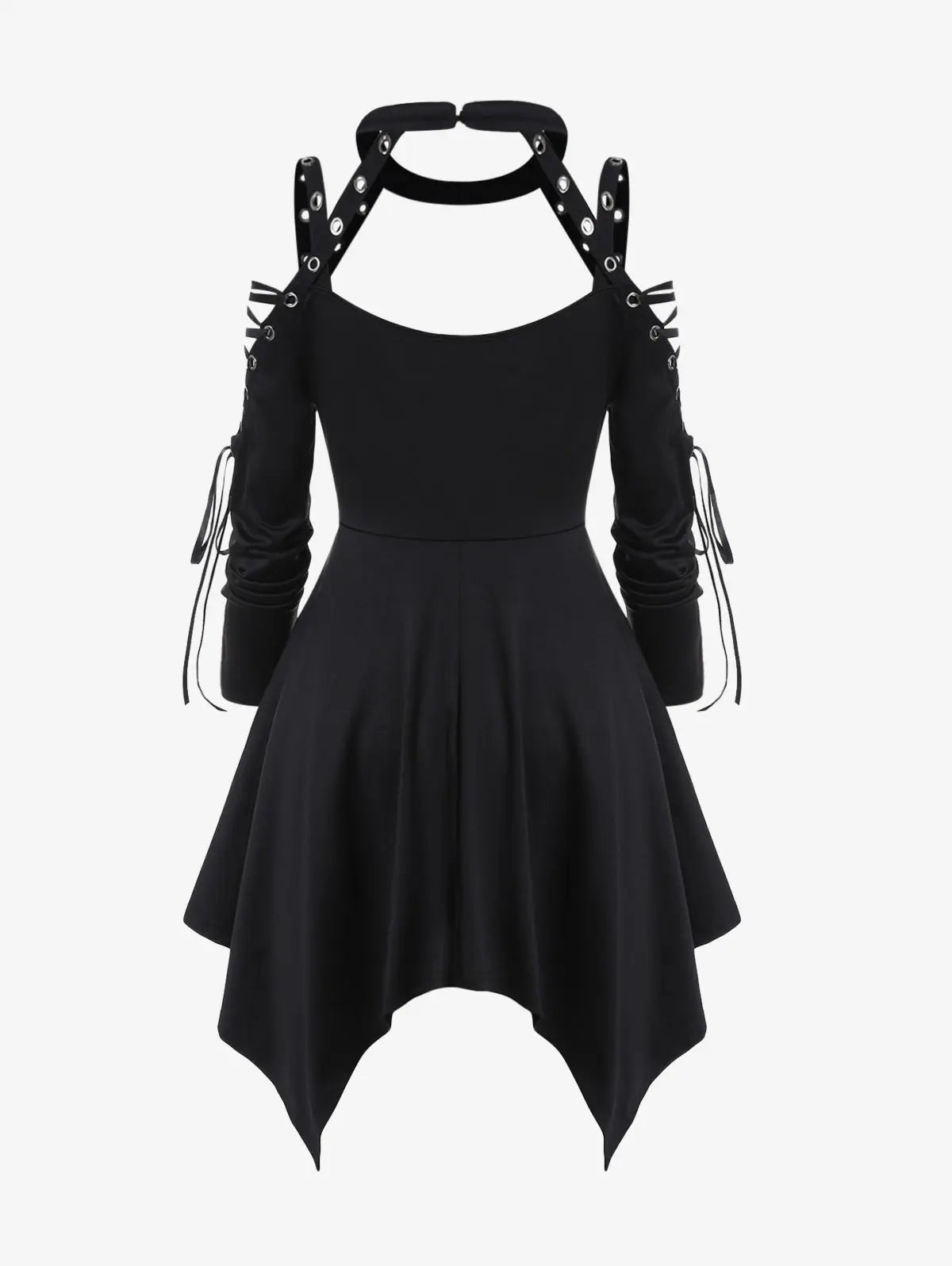 ROSEGAL Plus Size Gothic Asymmetrical Women's Clothing Long Tops Choker Lace Up Cutout Dress Black Dresses Tees Dual Use