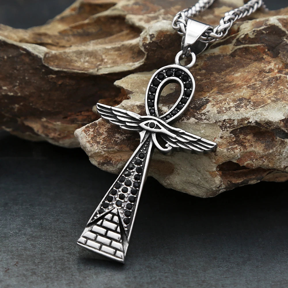 New Fashion Ancient Egyptian Ankh Cross Pendant With Eye of Horus Necklaces For Men Women Stainless Steel Amulet Jewelry Gifts