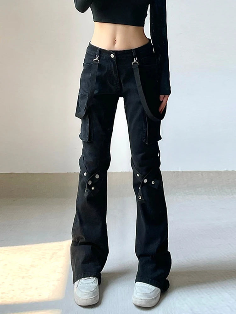 AltGoth Harajuku Streetwear Emo Alt Straight Pants Women Y2k E-girl Dark Academia Gothic Metal Buckle Leg Ring Trousers Female