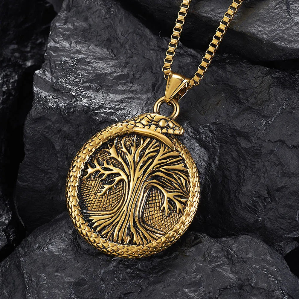 Vintage Viking Tree of Life Pendant Necklace Stainless Steel Nordic Yggdrasil Ouroboros Necklace Men Scandinavian Amulet Jewelry