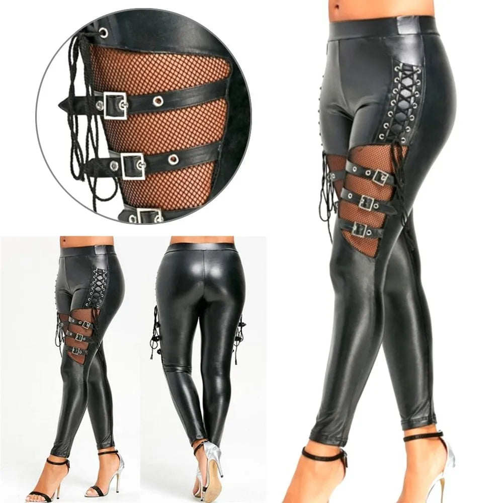 Damen PU Leder Skinny Slim Hose Gothic Punk Leggings Netzbesatz Spitzenhose Kunst PU Leder Bleistifthose Club Kleidung