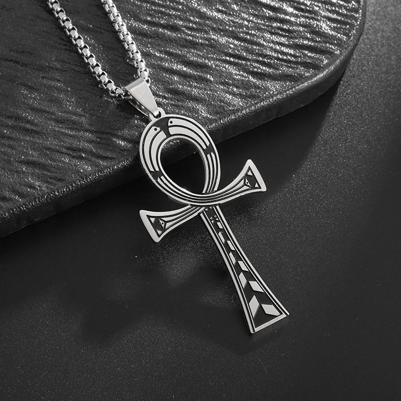 Stainless Steel Ancient Egyptian Cross Life Key Necklace Retro Amulet Pharaoh Patron Saint Jewelry Men