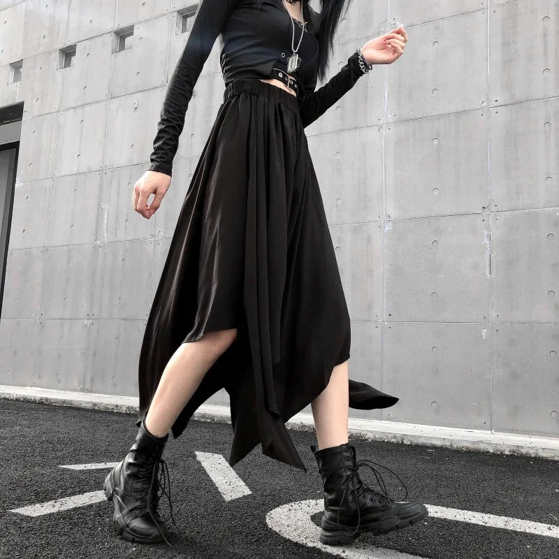 Dunkelschwarzer unregelmäßiger Rock mit hoher Taille, Goth Punk Gothic Schwarz Harajuku Langer Vintage Rock koreanische Modekleidung