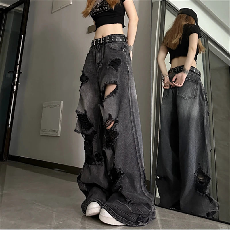 Schwarze zerrissene Jeans Frauen Harajuku Gothic Jeans Baggy Denim Hosen Koreanische Streetwear Casual Hosen Hip Hop Loch Jeans Hosen