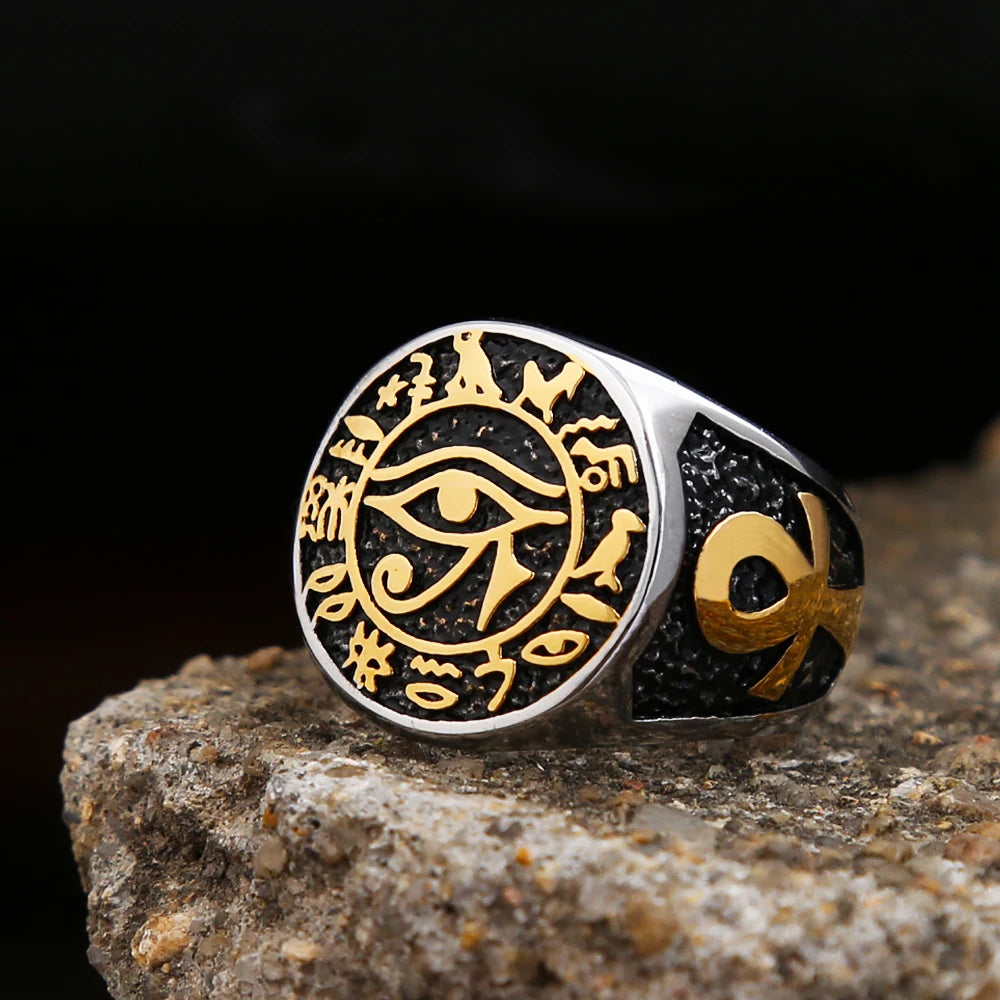 Anello vintage egiziano da uomo con occhio di Horus, moda, acciaio inossidabile, anello con croce Ankh, punk, motociclista, amuleto, regalo, dropshipping