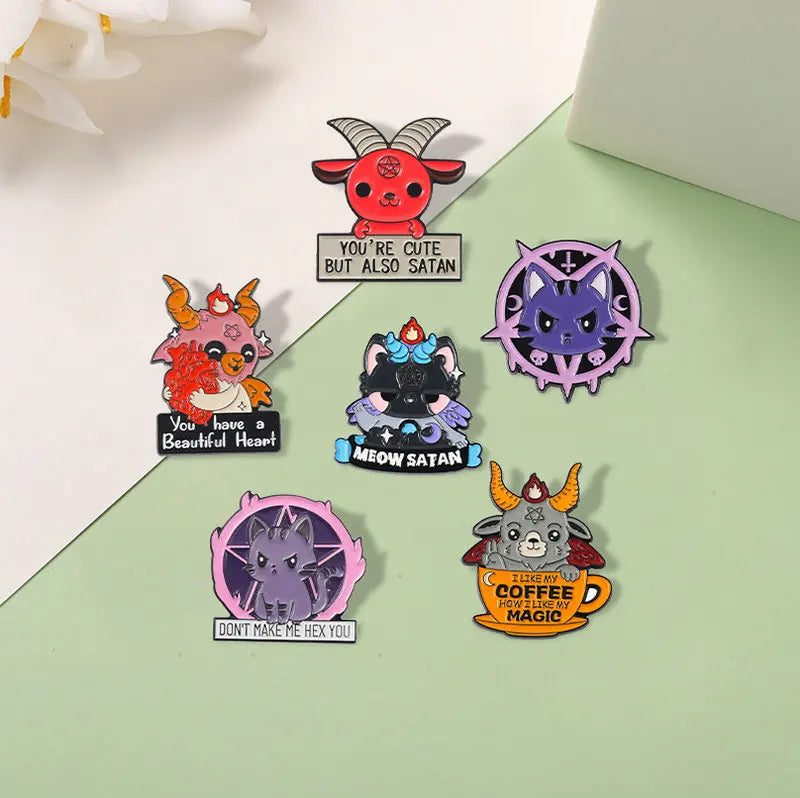 Satan Enamel Pins Custom Cat Goat Brooches Lapel Badges Animal Funny Quotes Jewelry Gift for Kids Friends Cute But Also