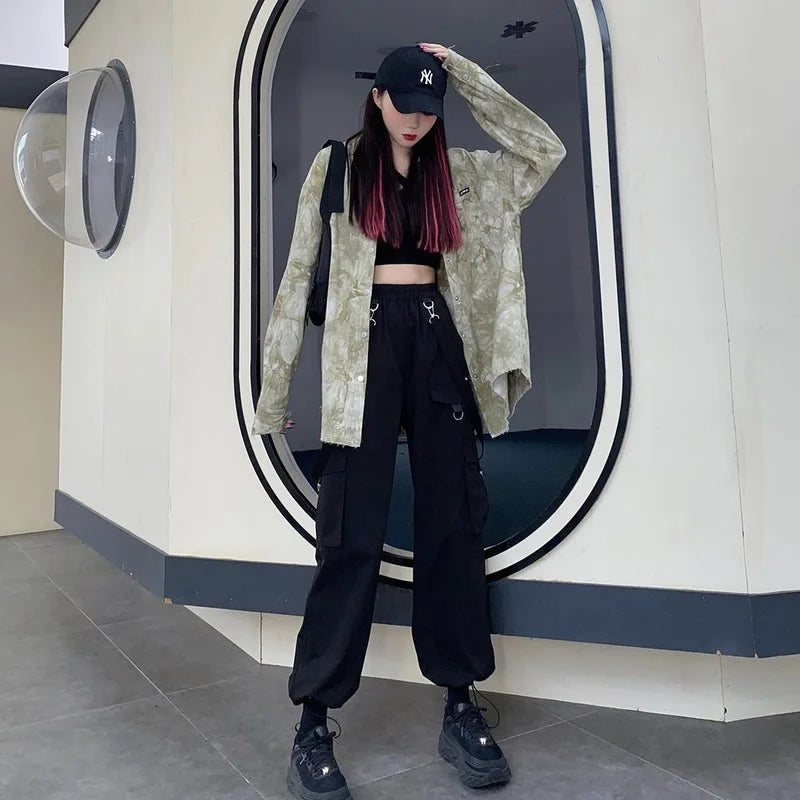 Pantaloni cargo neri da donna, streetwear, harajuku, gotici, a vita alta, pantaloni tecnici, Kpop, pantaloni larghi autunnali e invernali, oversize