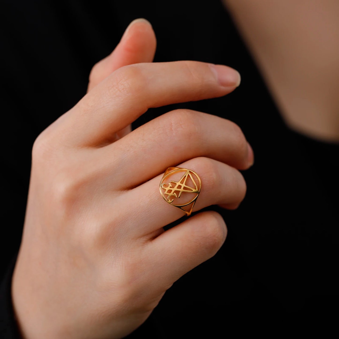 Dreamtimes Sigil Of Lucifer Fingerringe aus Edelstahl, Kirche des luziferischen okkulten Teufelssiegel-Amulett-Schmuck für Frauen und Männer