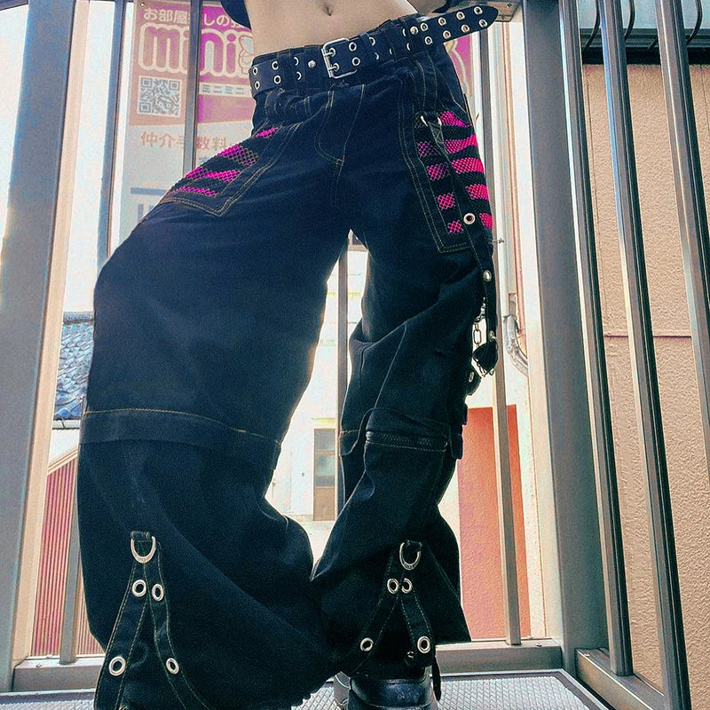 Gothic Damen Punk Cargohose Weite Gerade Beinhose Grunge Hippie Baggy Hose Y2k Akademische dunkle Kleidung Streetwear