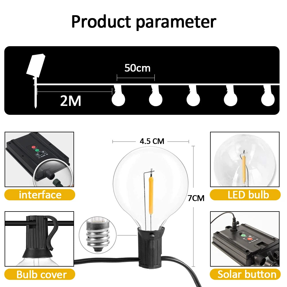 Solar-Lichterkette für den Außenbereich, G40, Terrassenbeleuchtung, USB-Ladegerät, 8 Lichtmodi, bruchsichere Glühbirnen, wetterfeste Hängelampe