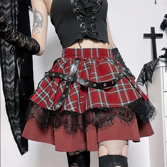 Y2k Lolita Cake Mini Skirts Gothic Harajuku Girls Plaid Pleated Skirt Punk Sweet Lace Kawaii Clothing Cosplay Costume