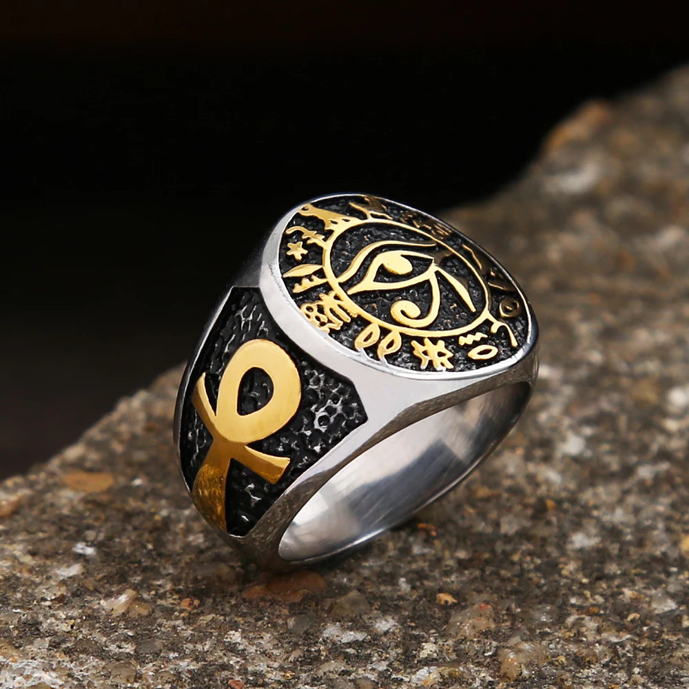 Anello vintage egiziano da uomo con occhio di Horus, moda, acciaio inossidabile, anello con croce Ankh, punk, motociclista, amuleto, regalo, dropshipping