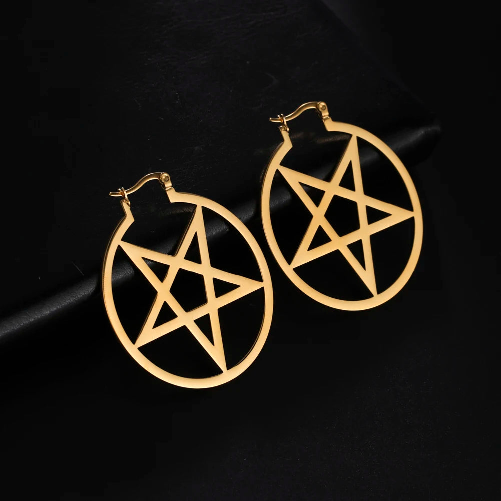 Gothic Goth Stainless Steel Hoop Earrings for Women Compass Snake Bat Pentagram Satanic Earrings Wicca Amulet Vintage Jewelry